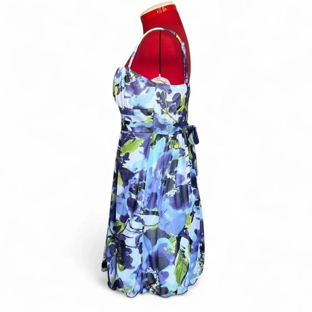 IZ Byer Y2K Purple Blue & Green Watercolor Floral Milkmaid Tie Back Dress Medium